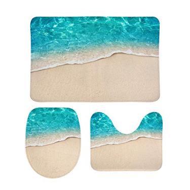 Imagem de Conjunto de 3 peças de tapetes de banheiro My Daily Azul Turquesa Onda do Oceano Areia Tapete de Contorno de Praia Areia Tampa de Banheiro Antiderrapante