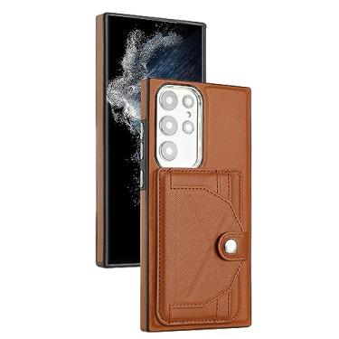 Imagem de Capa à prova de choque para Samsung Galaxy S23 Ultra/S23 Plus/S23, capa com suporte, capa de couro PU com carteira flip magnética, marrom, S23 de 6,1 polegadas