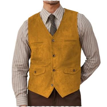 Imagem de Colete masculino de camurça de couro, colete caubói ocidental, casual, com trespassado, Dourado, X-Small