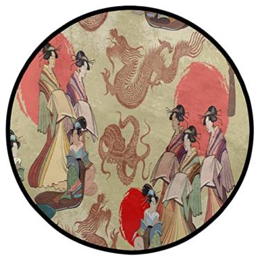 Imagem de Dinarno Red Sun Woman in Kimono Tapete redondo durável macio tapete de área circular lavável tapete redondo antiderrapante tapete para quarto, sala de estar, jantar, cozinha, banheiro, decoração de pátio, tapete circular