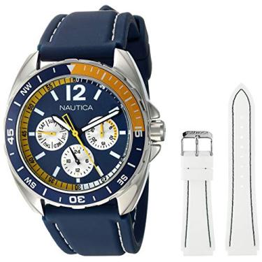 Imagem de Nautica Relógio masculino de quartzo e resina de silicone, Conjunto azul marinho/laranja/branco, Relógio de quartzo