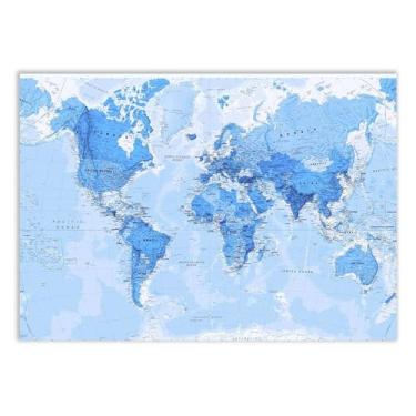 Imagem de Placa Decorativa A2 Mapa Mundi Tons De Azul Países Decoração Poster
