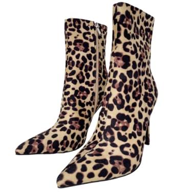 Imagem de Frankie Hsu Bota de salto alto stiletto marrom estampa leopardo camurça falsa moda sexy confortável tamanho grande bota curta tornozelo para mulheres homens, Leopardo, 8.5
