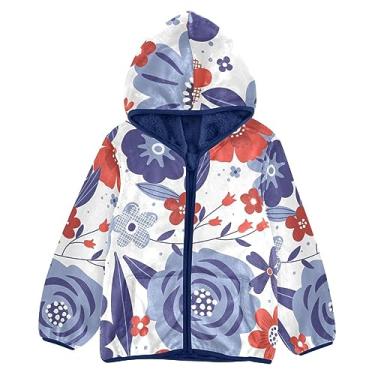 Imagem de KLL Jaqueta de lã floral Liberty vermelha branca azul colorida com capuz casaco de inverno para meninas azul marinho na moda, Vermelho Branco Azul Colorido Liberty Floral, 9-10 Anos