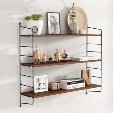 Imagem de Prateleira flutuante de parede, arte em ferro, madeira sólida, 3 camadas, decoração de parede americana, quarto, sala de estar, prateleira suspensa, b