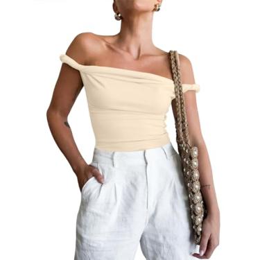 Imagem de Tankaneo Camiseta regata feminina com ombros de fora, sem mangas, caimento justo, elástica, Y2K, Off-white, M