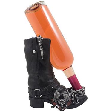 Imagem de Home 'n Gifts Suporte de exibição decorativo preto para motociclista para motociclista ou garrafa de vinho com logotipo Born to Ride, símbolo de asas de caveira e águia para decoração de bar de casa