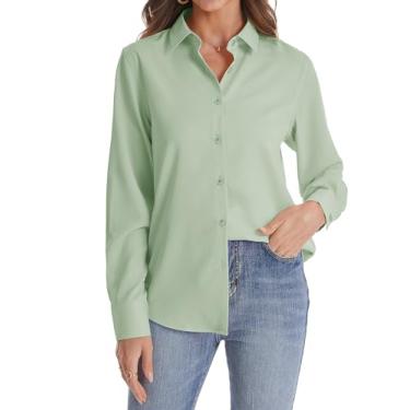 Imagem de J.VER Camisa feminina de botão manga longa sem rugas leve de chiffon sólido blusa de trabalho, Verde sálvia, M