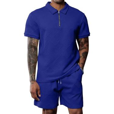 Imagem de Uni Clau Conjunto masculino de camisa polo e shorts, moda verão, casual, manga curta, conjunto de 2 peças, Azul, XXG