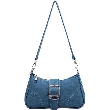 Imagem de QZUnique Bolsa feminina jeans mini bolsa tiracolo bolsa tiracolo bolsa de ombro acolchoada com borla em forma de barril, Azul Hobo, One Size, Tendência