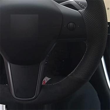 Imagem de VIdisp Capa de volante de carro com nome personalizado, camurça costurada à mão, adequada para Tesla Modelo 3 2015-2020 Modelo Y 2019 2020 (rosca preta)