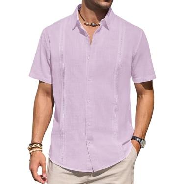 Imagem de Camisas masculinas de linho manga curta com botões casual leve camisa lisa elegante cubana Guayabera Beach Tops, Roxo claro, 3G
