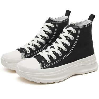 Imagem de Yageyan Tênis feminino de cano alto – plataforma de lona, tênis, clássico, casual, confortável, Preto, 38