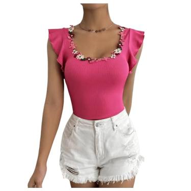 Imagem de SweatyRocks Blusa feminina com aplique floral, gola quadrada, manga com babados, malha canelada, Rosa choque, P