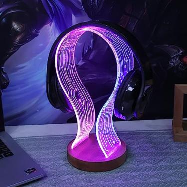 Imagem de YuanDian Headphone Stand, Wood Headset Holder with Blue Pink LED Night Light for Gamers, Men, and Music Lovers - Ideal Desk Gift Idea