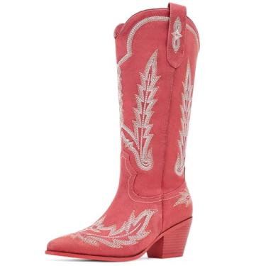 Imagem de RONILURN Botas femininas de cano médio, cano médio, botas cowgirl, costura bordada, salto baixo sexy, bico redondo, zíperes laterais, salto grosso, elástico, marrom, Meia panturrilha vermelha, 38