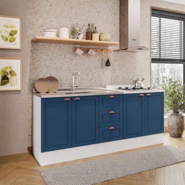 Imagem de Cozinha Pérola com Rodapé 2 Peças Balcão 2 Gavetas 3 Portas e Balcão 2 Portas Yescasa Branco/Azul