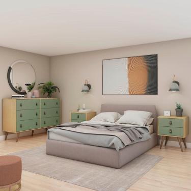 Imagem de Conjunto 3 Peças, 2 Mesas de Cabeceira e 1 Cômoda 6 Gavetas com Pés em Madeira Maciça Savana/Alecrim