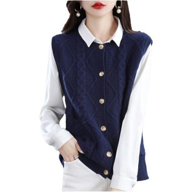 Imagem de Suéter feminino de caxemira sem mangas, cardigã de malha, gola redonda, colete de lã, azul marinho, L