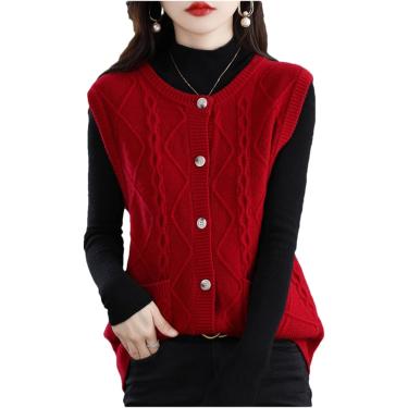 Imagem de Suéter feminino de caxemira sem mangas, cardigã de malha, gola redonda, colete de lã, vermelho, S