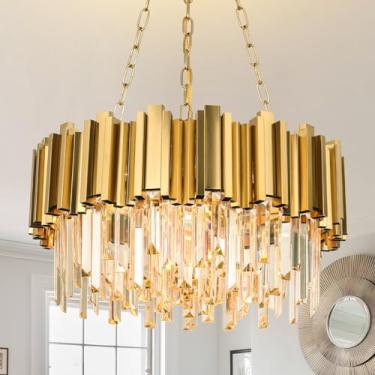 Imagem de AKDXIRUN Lustre Moderno de Cristal com Luz Dourada, Pendente Redondo de Cristal Moderno, Sala de Jantar, Sala de Estar, Quarto W22In