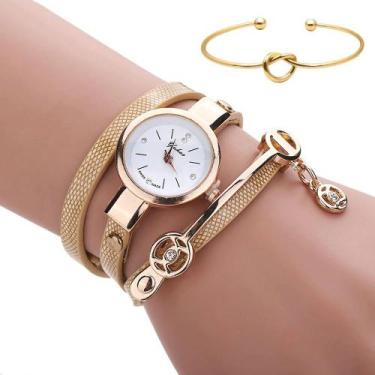 Imagem de Kit Relogio Feminino Dourado Strass Pulseira Bracelete Love - Senors