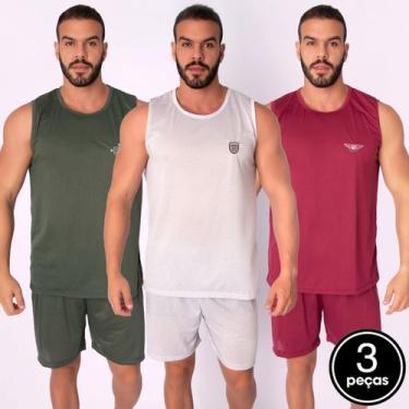 Imagem de Kit 3 Pijamas Malha Masculino Liso Short e Regata Curto Verão - Bella 