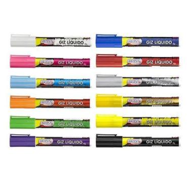 Imagem de Kit 12 Giz Líquido 6mm BRW Canetão Quadro Lousa Vidros Carro