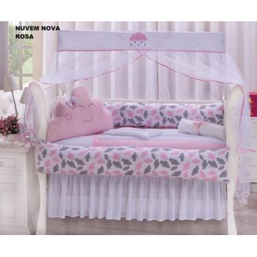 Imagem de Kit enxoval para berço bebê microfibra nuvem estampada - rosa menina -