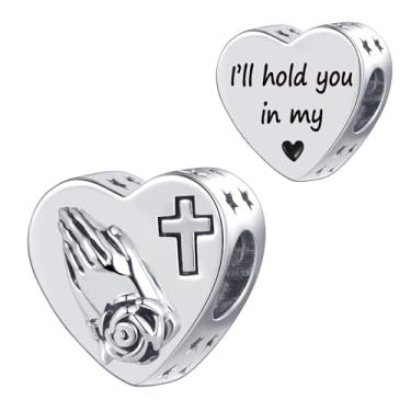 Imagem de MiiFort Amuleto de contas de coração de flores rosas cruzadas com mãos rezando compatível com pulseiras Pandora Charms, One Size, Cobre, Sem Pedra Preciosa