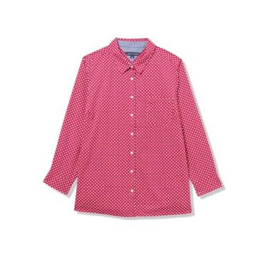 Imagem de Tommy Hilfiger Camisa feminina longa abotoada com colarinho e manga dobrável, Rosa persa multi, 1X
