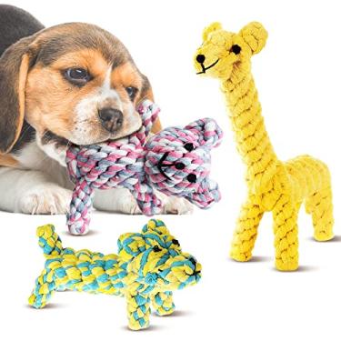 Imagem de SunGrow Brinquedos de cachorro e furão com nó de corda de algodão, ursinho de pelúcia mastigável, girafa e cachorro, tecido à mão para cães de raças pequenas, para dentes e gengivas, multicolorido, 3 peças por pacote