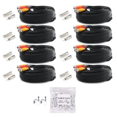 Imagem de Pacote com 8 cabos de alimentação de vídeo de 15 m/15 m, cabos de câmera de vigilância de extensão BNC para instalação do sistema DVR de segurança CCTV, inclui 16 conectores BNC e 100 clipes de cabo