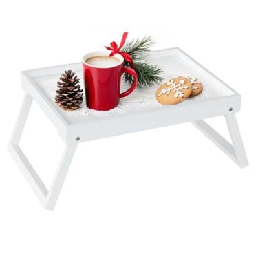 Imagem de Bandeja de cama de bambu para café da manhã com perna dobrável, bandejas de café da manhã para comer, cama, sofá, cama, lanches ou trabalho, bandeja de lanche para mesa de laptop (branca)