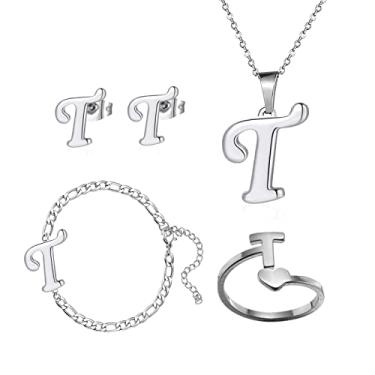 Imagem de Loqimu Pacote com 4 conjuntos de joias iniciais de aço inoxidável para mulheres, anéis de prata, pulseiras, brincos com pingente, colar, gargantilha maiúscula, corrente, brincos de orelha, presente,
