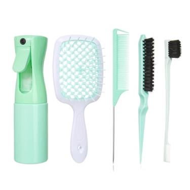 Imagem de peças/conjunto escova desembaraçadora de cabelo rosa escova de peruca curvada pente de cauda de rato conjunto de escova de cabelo de ponta escova de cabelo cacheado suprimentos de cabeleireiro (verde