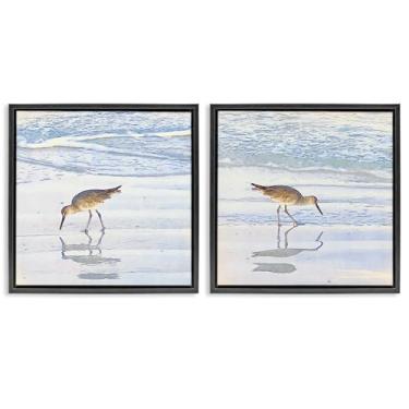 Imagem de Stupell Industries Conjunto de arte de parede em tela emoldurada Seaside Sandpiper Birds 2 peças preto flutuante por Christine Zalewski, 25 x 25