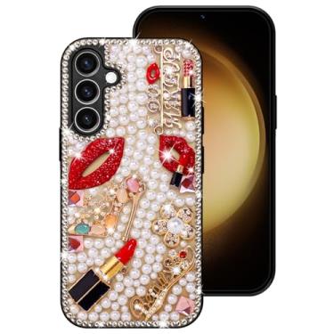 Imagem de Erolagomat Capa brilhante para Samsung Galaxy S25 Plus, capa de telefone de designer de luxo com glitter brilhante diamante cristal strass lábios batom flores pérolas salto alto, capa amortecedora
