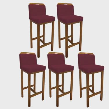Imagem de Kit 05 Banqueta Alta Com Encosto Agnes Cozinha Balcão Bistrô Base Madeira Rústico Suede Bordô - Ahz Móveis