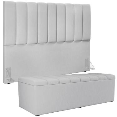 Imagem de Kit Cabeceira Cama Box Casal King 195cm com Calçadeira Baú Dália W01 Linho Cinza - Lyam