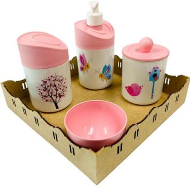 Imagem de Kit Higiene Bebê Jardim Encantado Menina com Bandeja MDF - Dóia Kids, 