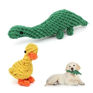 Imagem de WishLotus 2 peças de brinquedos de corda para cães, brinquedos fofos de dinossauro e pato amarelo para mastigadores agressivos, brinquedos de mastigar cães de algodão para dentição de raças pequenas