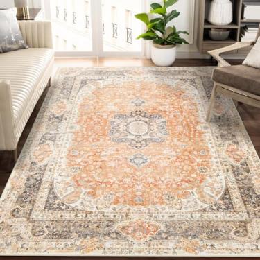 Imagem de Castage Tapetes de área laváveis 12 x 18 cm, boho para sala de estar, quarto, cozinha, grande, vintage, boêmio, casa de fazenda, antiderrapante, retrô, laranja, cinza, floral