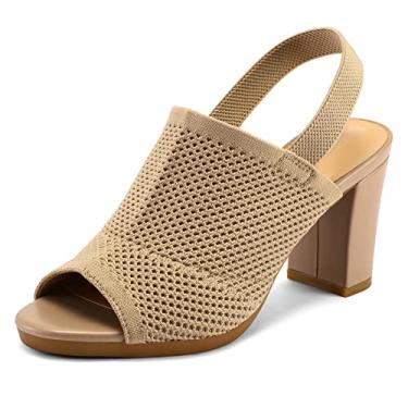 Imagem de mysoft Sandálias Femininas De Salto Alto Grosso E Elástico, Bico Aberto, Salto 7,5 Cm, Cor Amêndoa, 6,5 Eua