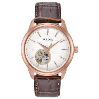 Imagem de Bulova Relógio masculino clássico de 3 ponteiros automático de aço inoxidável ouro rosa com pulseira de couro marrom, mostrador branco prateado (modelo: 97A133), Ouro rosa, Relógio Automático