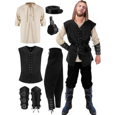 Imagem de Suhine Conjunto de fantasia masculina renascentista de Halloween com 6 peças, colete medieval, calça com faixa no tornozelo, cinto viking, bolsa de braçadeira, Cor vintage, GG