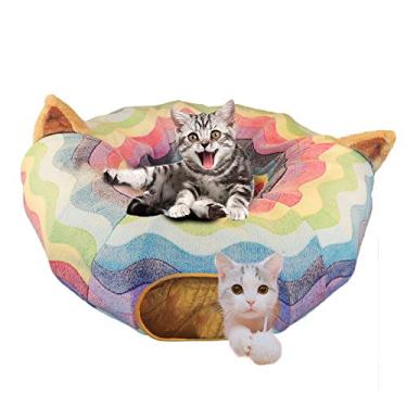 Imagem de HOMEYA Cama de túnel para cães e gatos, dobrável, 3 vias, condomínio, brinquedo para brincar com buraco de espiada, bola divertida, ambientes internos e externos, esconderijo interativo para