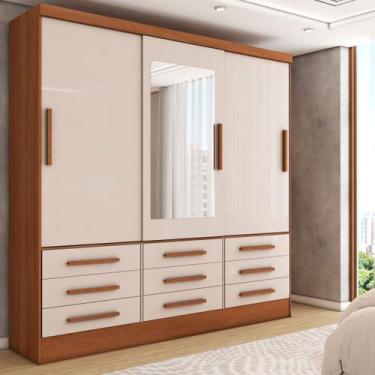 Imagem de Guarda-Roupa Casal Joris 3 Portas 9 Gavetas com Espelho Cinamomo/Off W