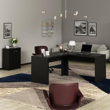 Imagem de Conjunto Home Office 2 Peças 1 Mesa Para Escritório Em L Com 1 Balcão Com 2 Portas Espresso Móveis Preto