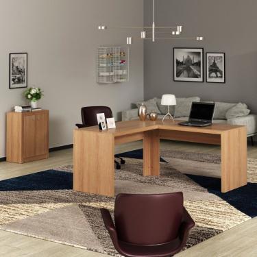 Imagem de Conjunto Home Office 2 Peças 1 Mesa Para Escritório Em L Com 1 Balcão 2 Portas Espresso Móveis Amendoa